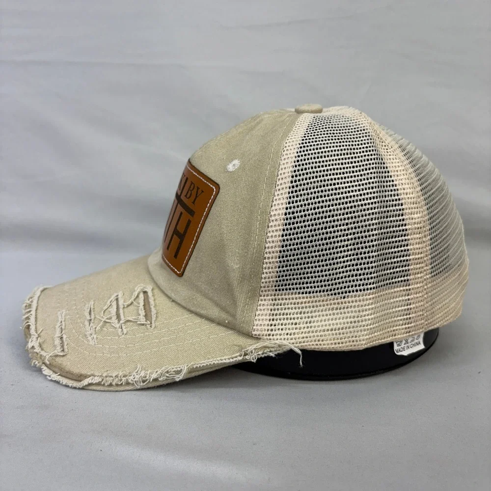 Walk By Faith Christian Cross Distressed Trucker Hat Snapback Leather Patch